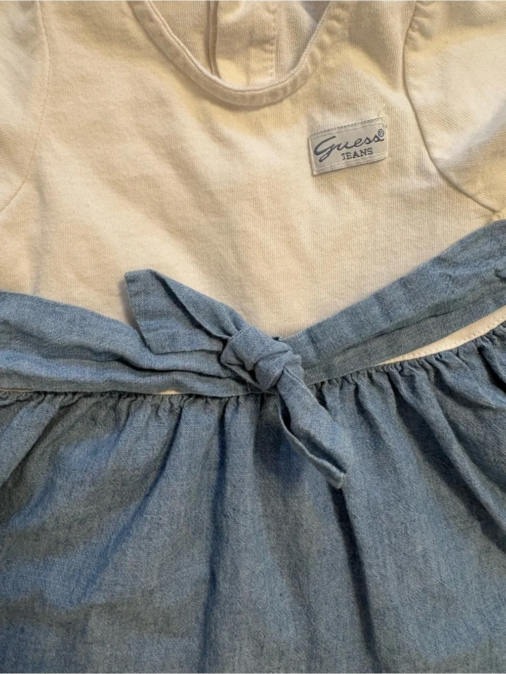 Vintage 90s Baby Guess Dress 12M Chambray Denim Knit Tie Waist USA Made